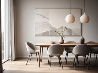 Minimalist interior design showcased in a grey dining room. AI Generation.