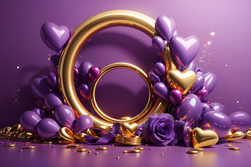 Fototapeta premium Golden circle and balloons valentines day 3d purple background&nbsp;generative&nbsp;Ai