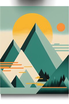 geometric angular triangle orange and yellow mountains sunrise teal blue green sky wpa poster style simple mid centurey modern 