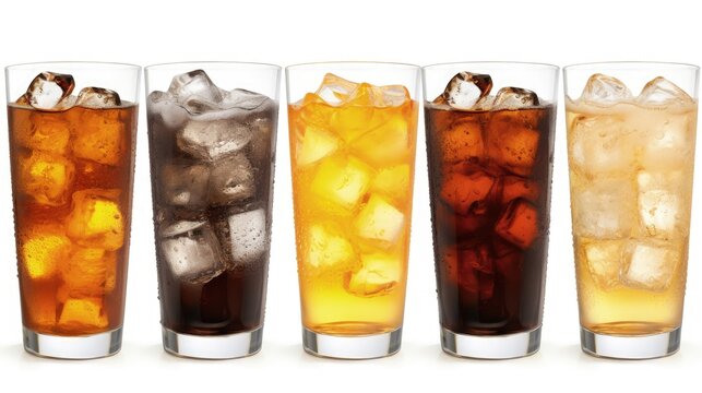 Glasses of sweet carbonated drinks with ice cubes isolated on white. With clipping path