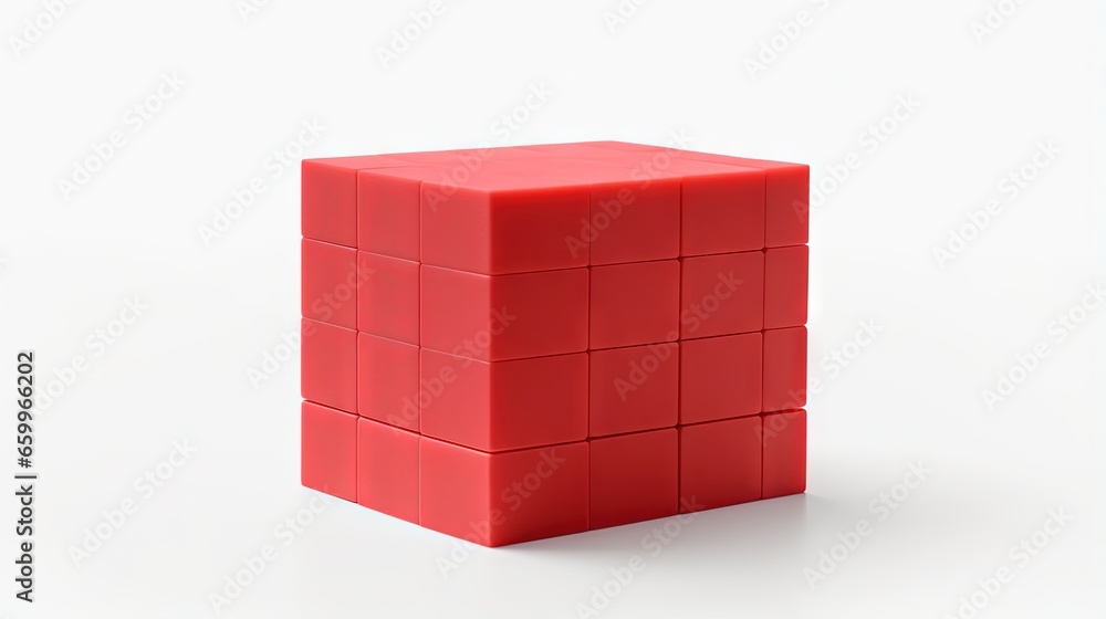 Poster Close Up View of a Red Plastic Toy Block Isolated on a White Background. Children Building Brick, Side View. High Quality 3D Rendering with a Work Path. 8K Ultra HD, 7680x4320