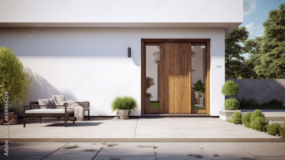 Poster new house with wooden door and empty white signage. 3d rendering of large patio in modern home.