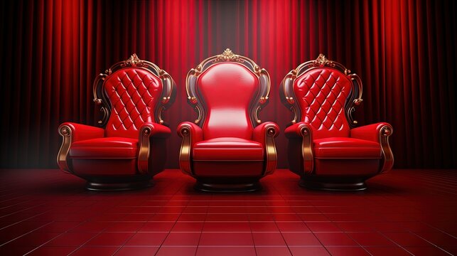 3D render of three ( 3 ) red Chairs King isolated on red background, vip concept
