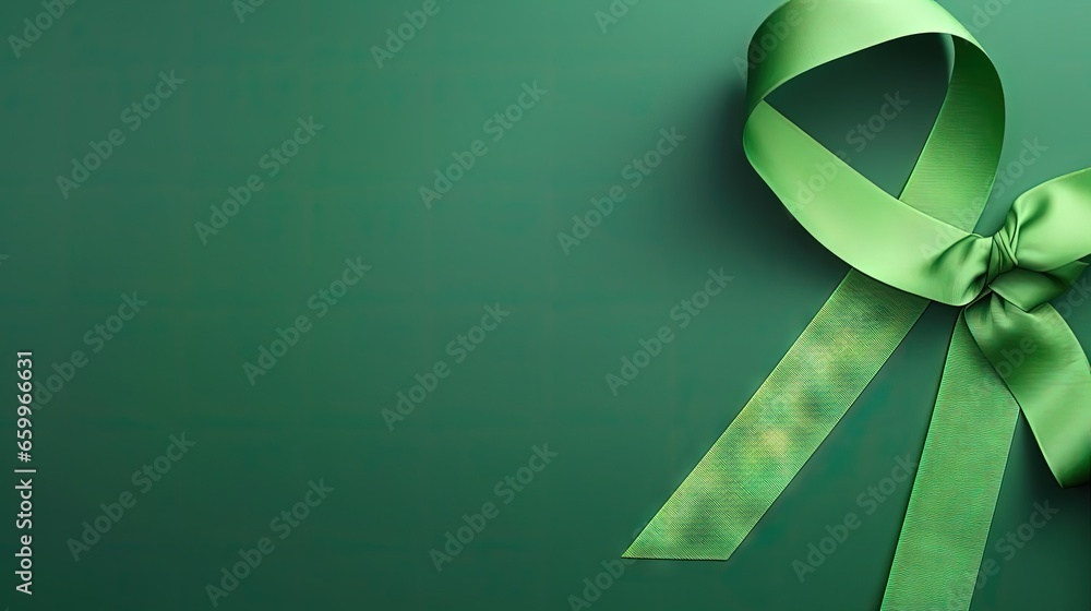 Poster world mental health day. green ribbon on color background, top view with space for text