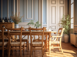 Provence dining room exuding elegance through its furniture and interior. AI Generation.