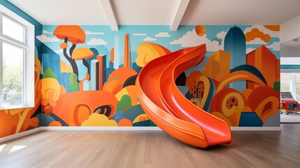 A kid's playroom with multicolored wall decals and a bright orange slide.