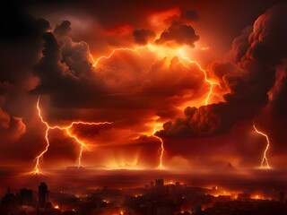Fototapeta na wymiar storm clouds with red lightning in night sky