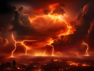 Deurstickers storm clouds with red lightning in night sky © mansum008