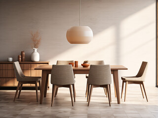 Rustic dining room charm, wooden furniture, cozy interior, perfect for dinner. AI Generation.