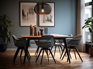 Compact dining room, functional furniture, smart interior, set for dinner. AI Generation.