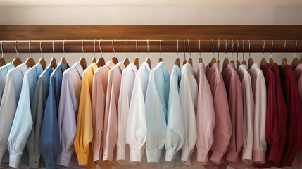 Clean shirts hanging on rack in laundry