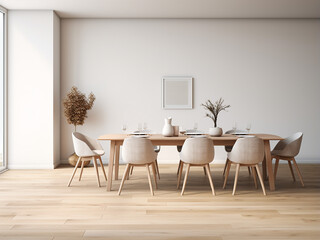 Sophisticated design in a white dining room perfect for dinners. AI Generation.