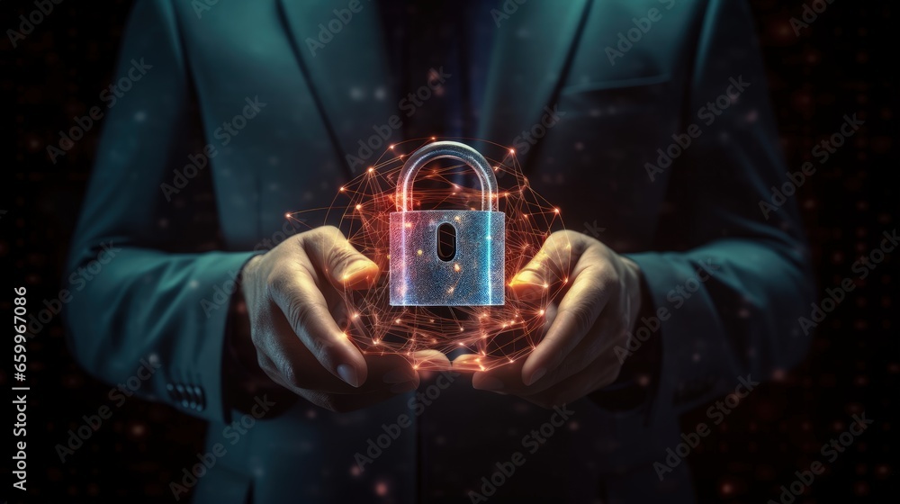 Poster Cyber security and data protection. Businessman hold padlock protecting business and financial data with virtual network connection. Innovation technology develop smart solution from cyber attack.