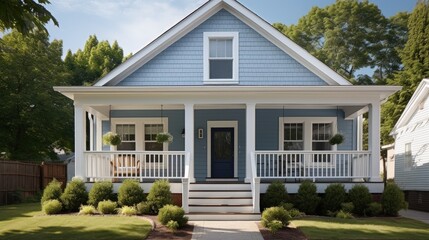 Exterior of a suburban home with blue siding, a white front porch, and white shutters.