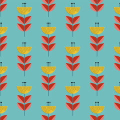 Fototapeta premium Pattern of yellow flowers with red leaves on light blue background. 
