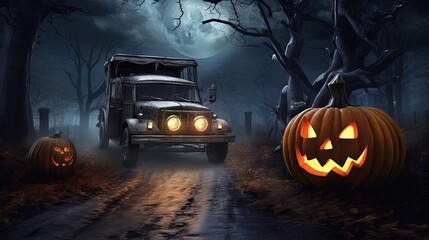 Halloween car delivering pumpkin against night scary autumn forest background - obrazy, fototapety, plakaty