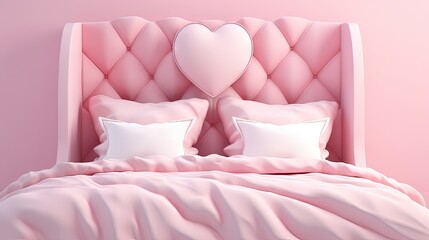 bed soft pillows headboard love hearts pink white sheets furniture sleep relax couple cuddle frame mattress quilt duvet bedding shape. Sweet valentine festival marriage and sex. 3D Illustration.