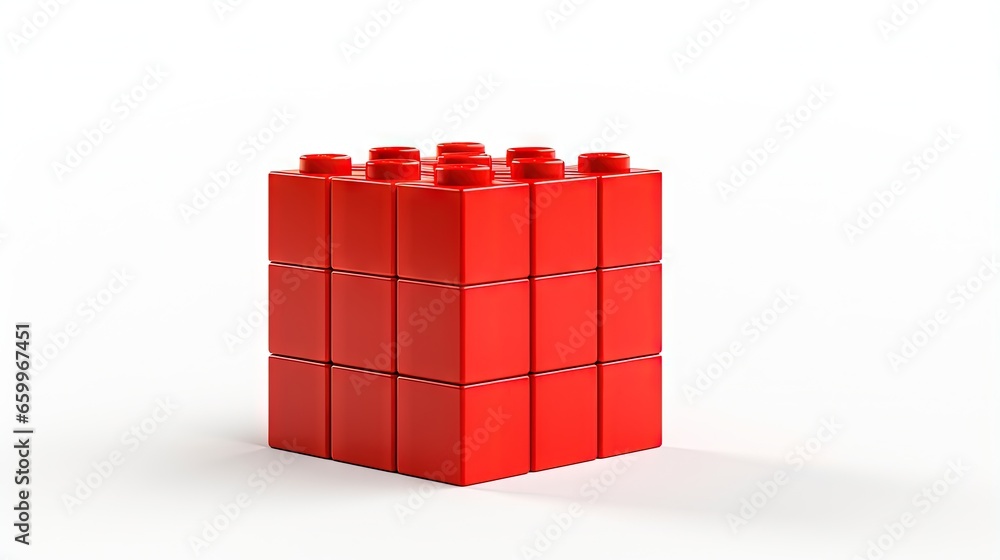 Poster Close Up View of a Red Plastic Toy Block Isolated on a White Background. Children Building Brick, Side View. High Quality 3D Rendering with a Work Path. 8K Ultra HD, 7680x4320