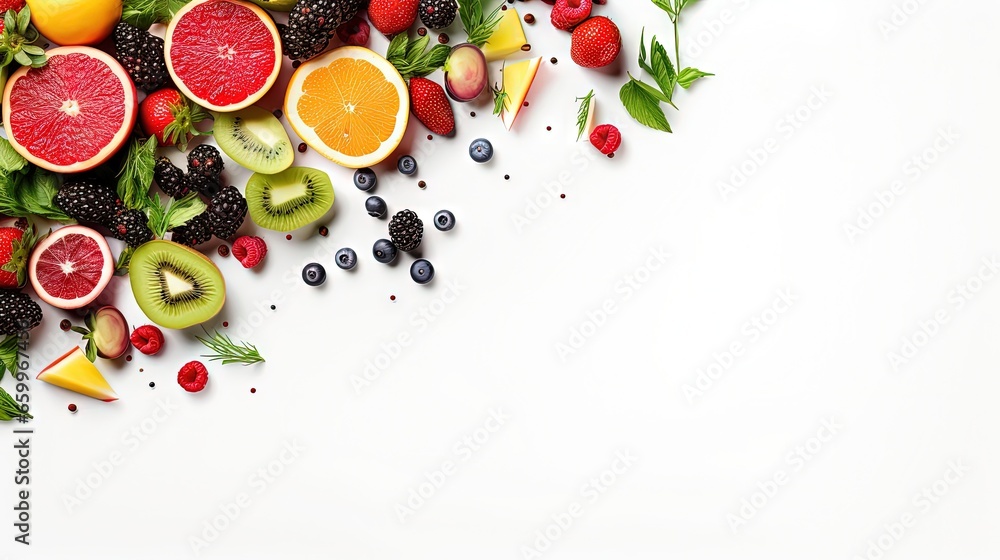 Poster fresh salad with fruits and greens on white background top view with space for text. healthy food.