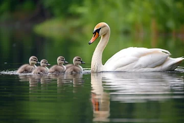 Raamstickers mother swan with cygnets on a serene lake © altitudevisual