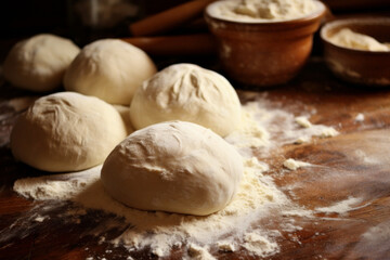 Fototapeta na wymiar Raw balls of dough on wooden kitchen table