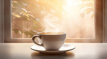 Cup of morning fragrant coffee in rays of sunlight from window. White cup with steaming coffee on white table.
