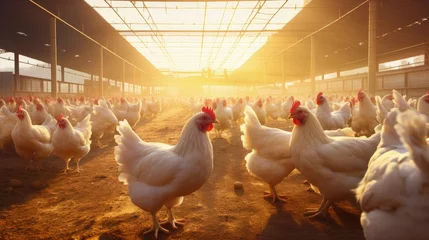 Foto op Canvas Poultry farm with chicken. Husbandry, housing business for the purpose of farming meat, White chicken Farming feed in indoor housing. © HN Works
