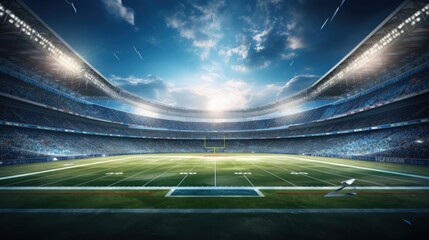 Fototapeta na wymiar Dramatic 3D professional American football arena with green grass and rays of light