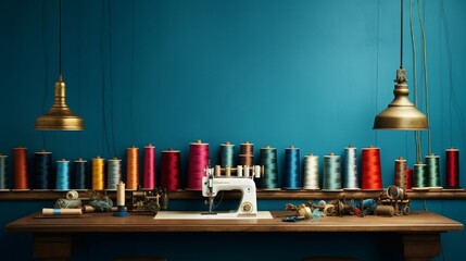 A sewing room with spools of thread in every conceivable shade, set against a cerulean wall.