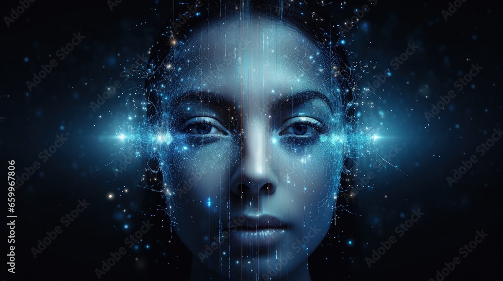 Poster Responsive web banner design with illustration of human face made by tiny particles between glowing digital network for Artificial Intelligence (AI) deep learning concept.