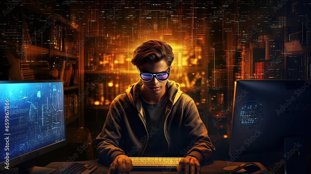 Leinwandbilder programmer in virtual reality glasses writing code for computer app engineering software coding vr vision headset innovation
