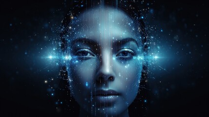 Responsive web banner design with illustration of human face made by tiny particles between glowing digital network for Artificial Intelligence (AI) deep learning concept.