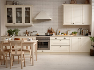 Ample furniture enhances this big beige kitchen's design. AI Generation.