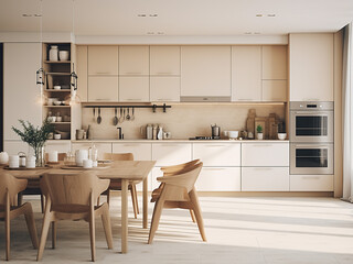 Beige kitchen boasting spaciousness, furniture, and design. AI Generation.
