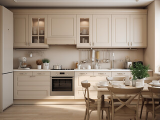 Roomy beige kitchen adorned with stylish furniture. AI Generation.