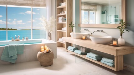 A spa-inspired bathroom with turquoise waters and coral-hued towels.