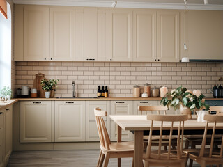 Beige kitchen with plentiful furniture and captivating design. AI Generation.