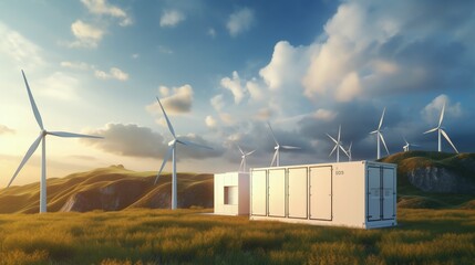 Concept of energy storage system. Renewable energy - photovoltaics, wind turbines and Li-ion battery container in morning fresh nature. 3d rendering.