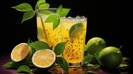 Passion fruit lemonade garnished with lime and mint