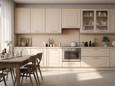 Beige kitchen with abundant furniture and appealing design. AI Generation.