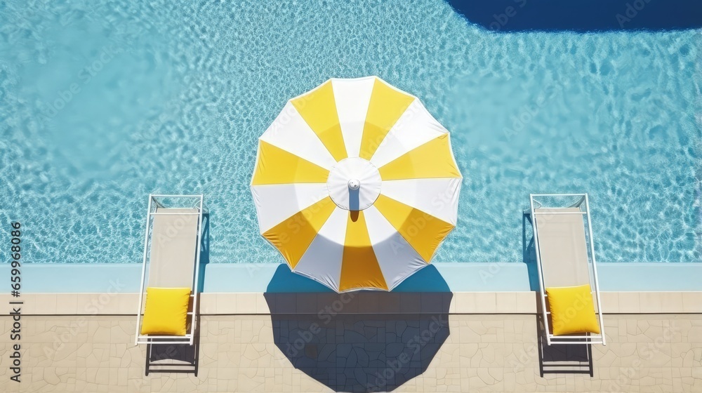 Aufkleber Top view swimming pool with yellow beach umbrella and chairs. Summer vacation concept. 3d rendering