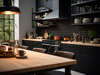 Impressive big black kitchen with carefully chosen furniture. AI Generation.