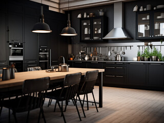 Huge black kitchen featuring thoughtfully curated interior. AI Generation.