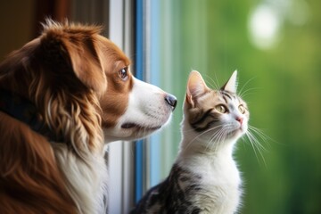 a cat and a dog looking out of the same window - Powered by Adobe