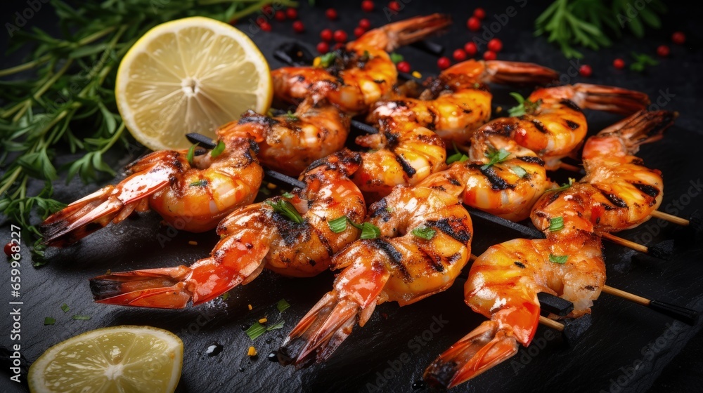 Poster grilled shrimps on skewers with lemon and garlic. seafood. on a stone background.