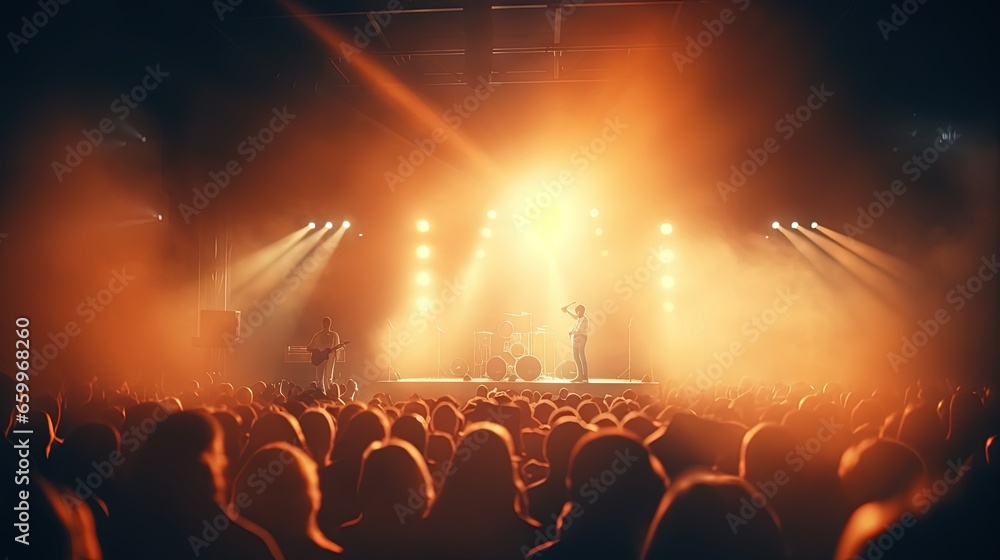Poster floodlights scene during a rock concert. blurred background. web banner. element of design.