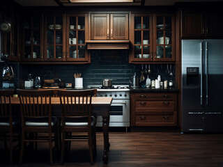 Expansive dark wood kitchen, rich interior, stylish furniture design. AI Generation.