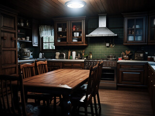 Roomy kitchen boasts dark wood, large space, chic furniture. AI Generation.