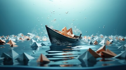 Business decision problem and inefficient strategy concept as a paper boat being lifted and drowned simultaneously as a financial indecision icon with 3D illustration elements. - obrazy, fototapety, plakaty
