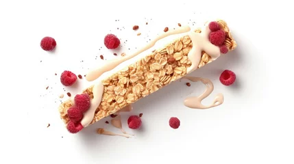 Foto op Aluminium Granola energy bar composition in air cutout minimal, isolated on white background. Vegan health vitamin snack. Fitness composition for grocery product package. Grain granola with seeds, protein, cran © HN Works